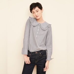 J Crew Oversized Ruffle Collar Navy & White Shirt Size 0